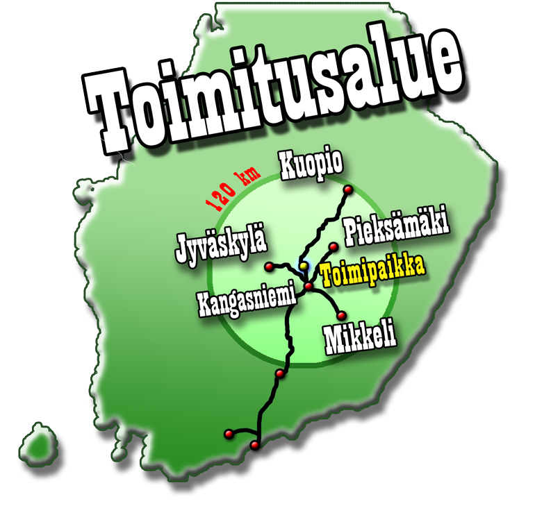 Toimitusalue, Jyväskylä, Mikkeli, Kuopio, Pieksämäki, Kangasniemi, Joutsa, Hartola, Sysmä, Asikkala,
<!--Lahti, Mäntsälä, Heinola, Kerava, Järvenpää, Espoo, Kauniainen, Nurmijärvi, Leppävaara, Vantaa, Porvoo, Helsinki -->