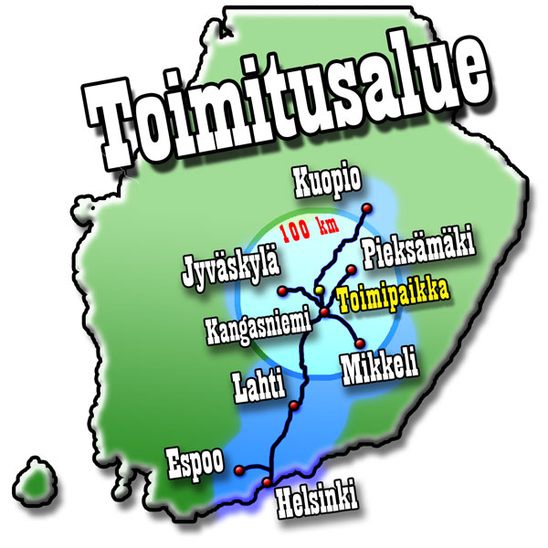 Puupalax Ky toimitusalue Toimitusalue, Jyväskylä, Mikkeli, Kuopio, Pieksämäki, Kangasniemi, Joutsa, Hartola, Sysmä, Asikkala, Lahti, Mäntsälä, Heinola, Kerava, Järvenpää, Espoo, Kauniainen, Nurmijärvi, Leppävaara, Vantaa, Porvoo, Helsinki
