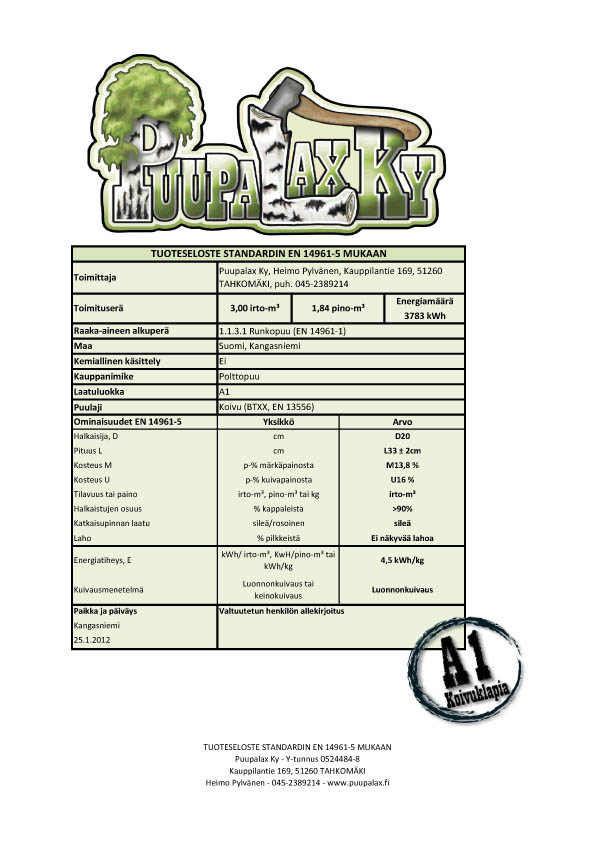 Tuoteseloste, standardi, A1-laatu